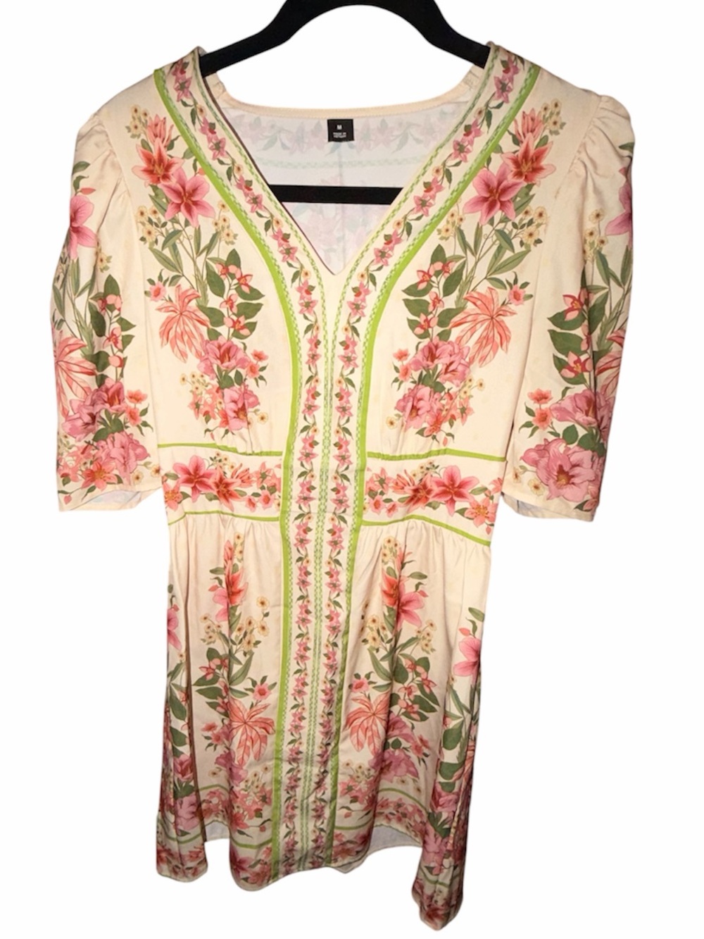 Cream Floral V-Neck Women’s Dress with Pink Accents - Picture 1 of 4